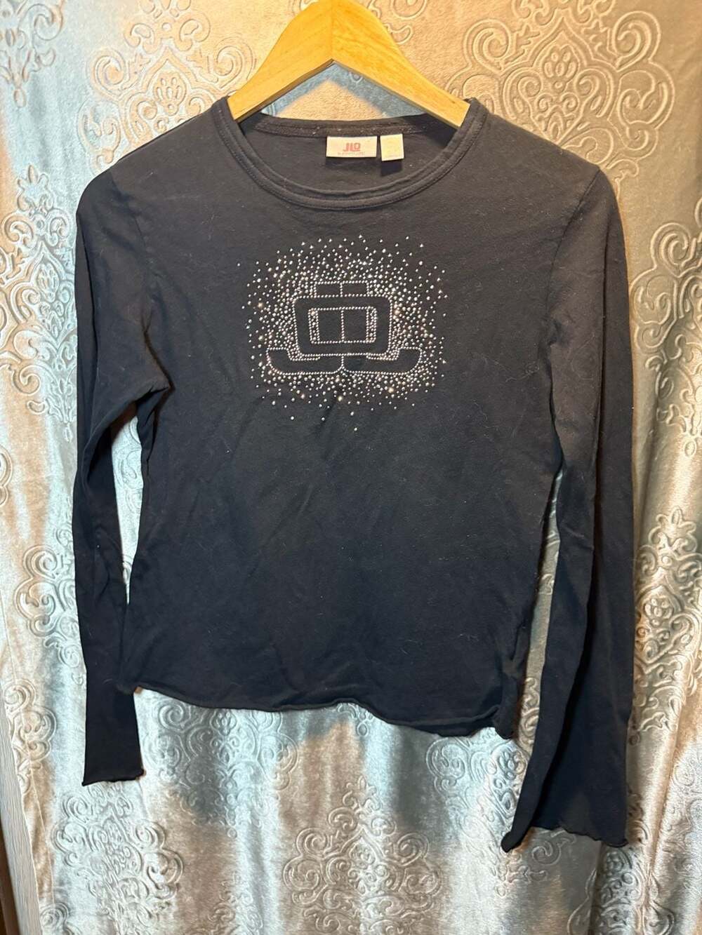 JLO by Jennifer Lopez Rhinestone Logo Long Sleeve Top Size L